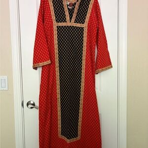 Red & Black Embellished Long Sleeve Maxi Dress